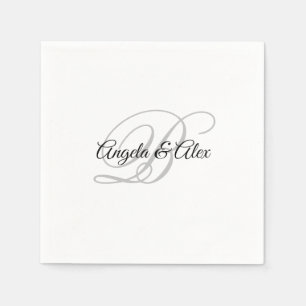 Black and Light Grey Fancy Script Monogram White Napkins