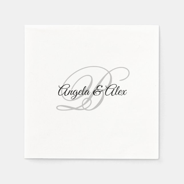 Black and Light Grey Fancy Script Monogram White Napkins (Front)