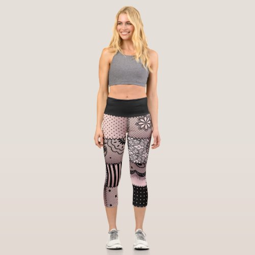 Black and Light Pink Patchwork Lace Design Capri Leggings