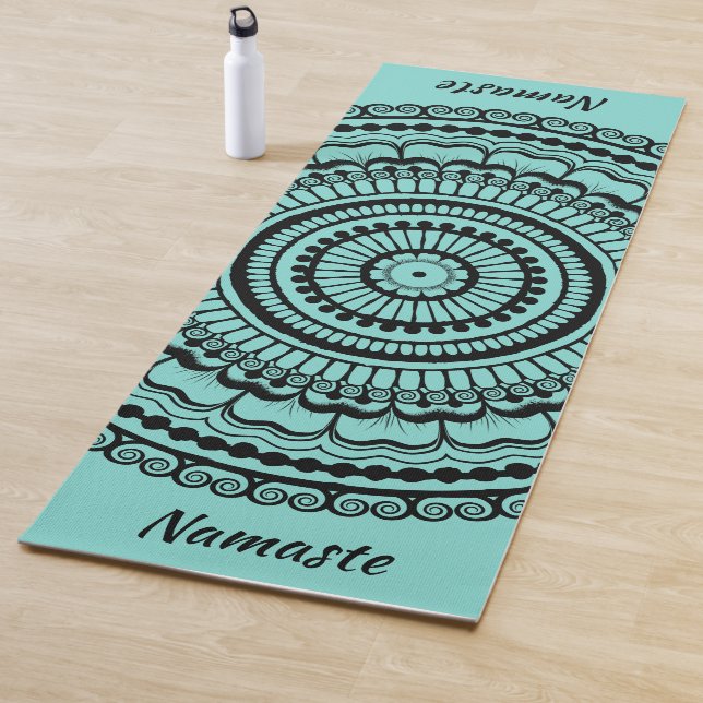 Black and Light Teal Mehndi Henna Mandala Yoga Mat (In Situ)