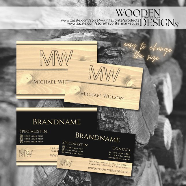 Black and Light Wood Grain Wooden Boards Monogram Business Card (Creator Uploaded)