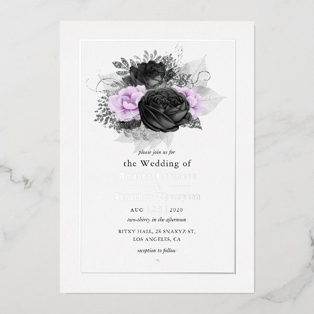 Black and Lilac Floral Wedding Foil Invitation (Front)