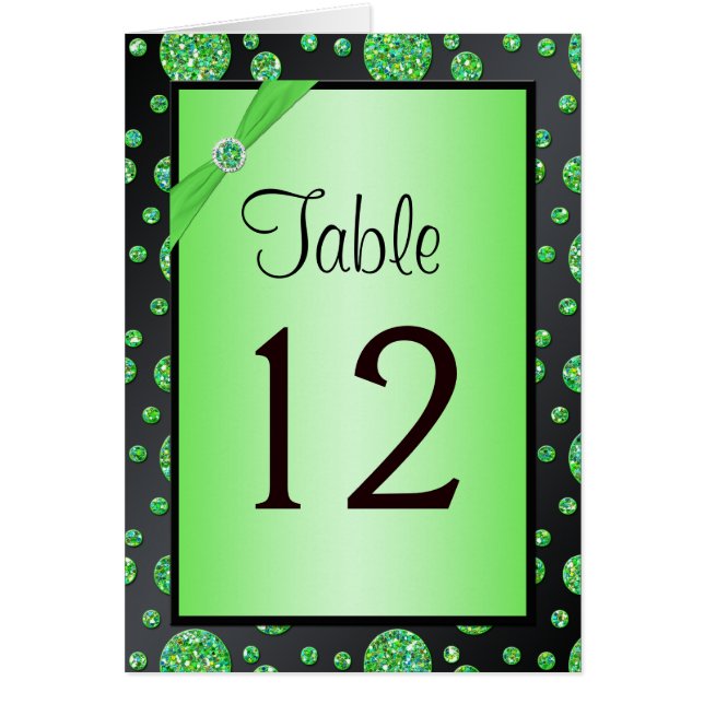Black and Lime Glittery Dots Table Number Card (Front)