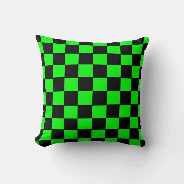 Black and Lime Green Checkerboard Pattern Throw Pillow (Front)