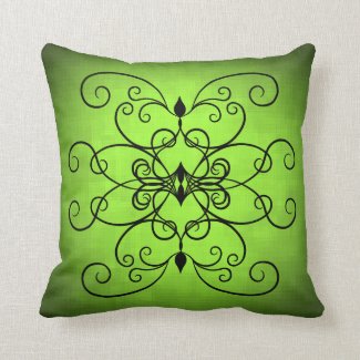 Black and lime green hearts and swirls throw pillow