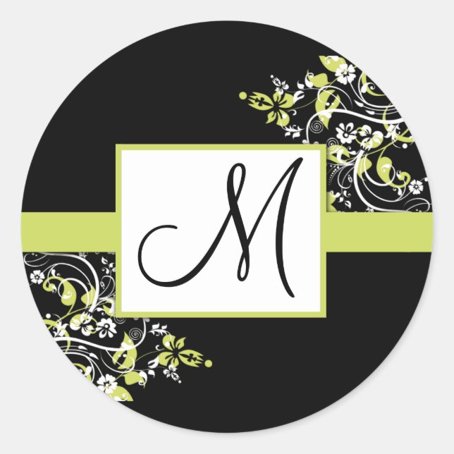 Black and Lime Green Monogram Wedding Stickers (Front)