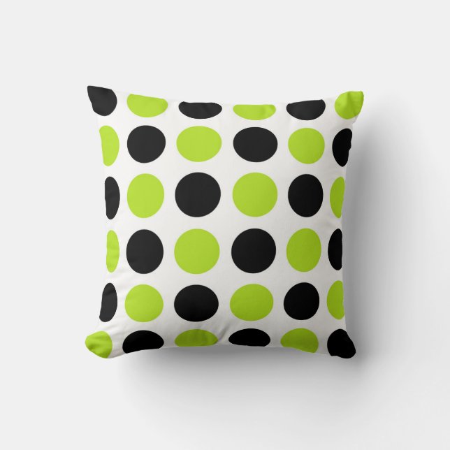 Black and Lime Green Polka Dots Throw Pillow (Front)