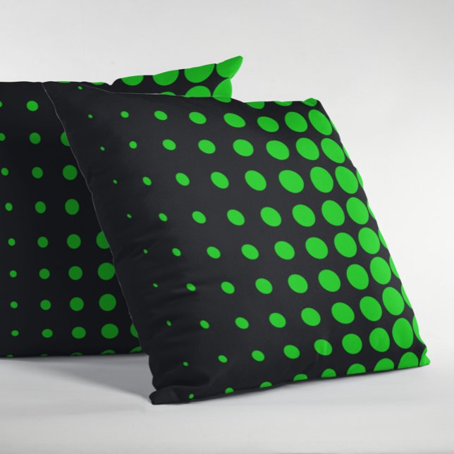 Black and Lime Green Progressive Dots Throw Pillow (Black and Green Half Tone Dots Pillow)