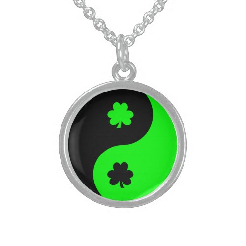 Black and Lime Shamrock Yin Yang Sterling Silver Necklace