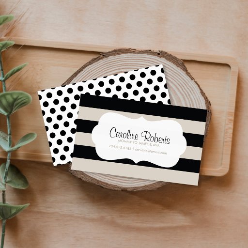 Customizable Black and Linen Modern Stripes and Dots Business Cards