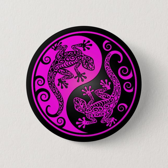 Black and Magenta Yin Yang Geckos Pinback Button (Front)