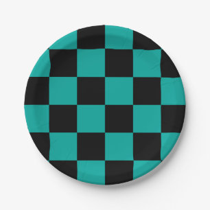Black and Manganese Blue Checkered Paper Plates