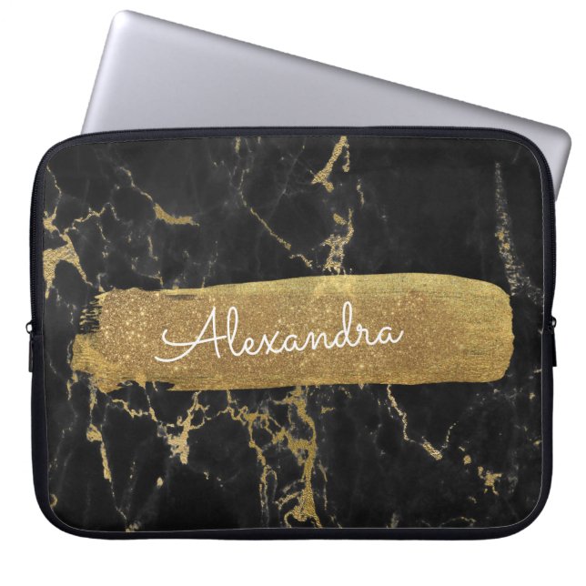 Black and Marble with Gold Foil and Glitter Laptop Sleeve (Front)