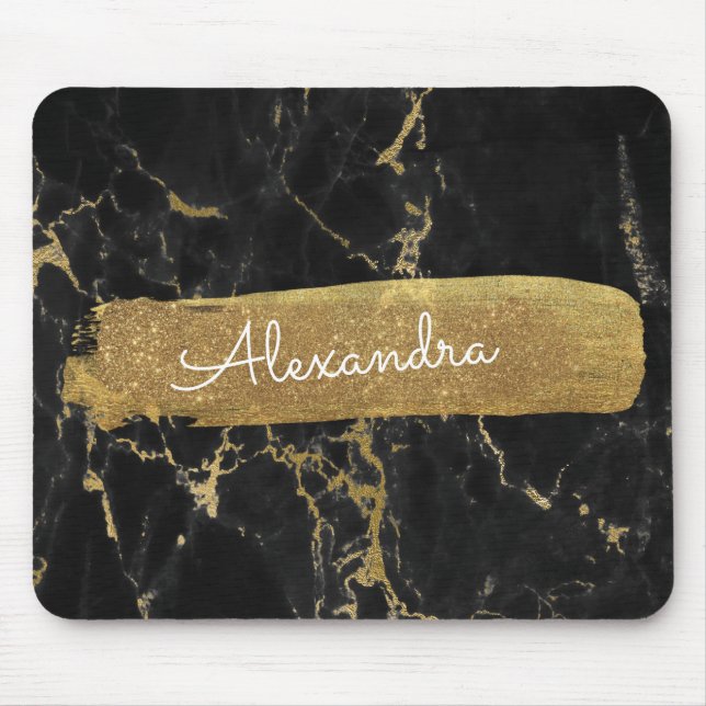 Black and Marble with Gold Foil and Glitter Mouse Pad (Front)
