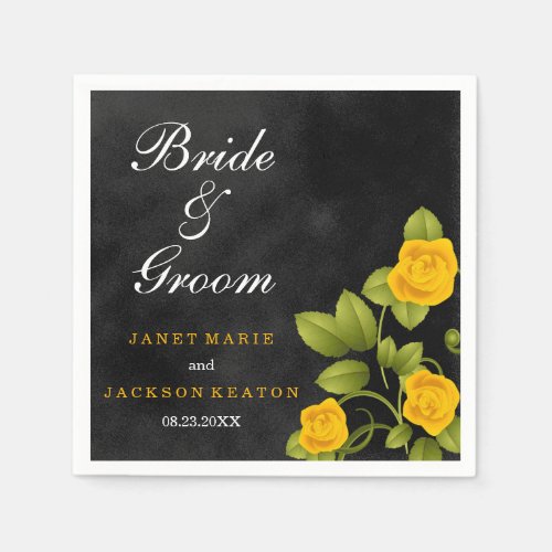 Black and Marigold Yellow Rose Wedding Napkins