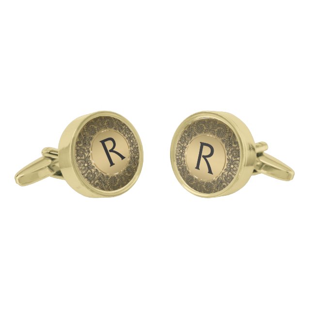 Black And Metallic Glod Retro Lace Circle 2 Gold Cufflinks (Angled)