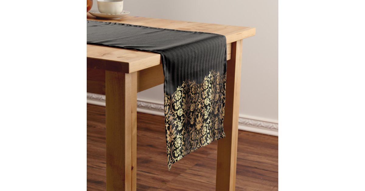 Black and Metallic Gold Damask Design Short Table Runner | Zazzle