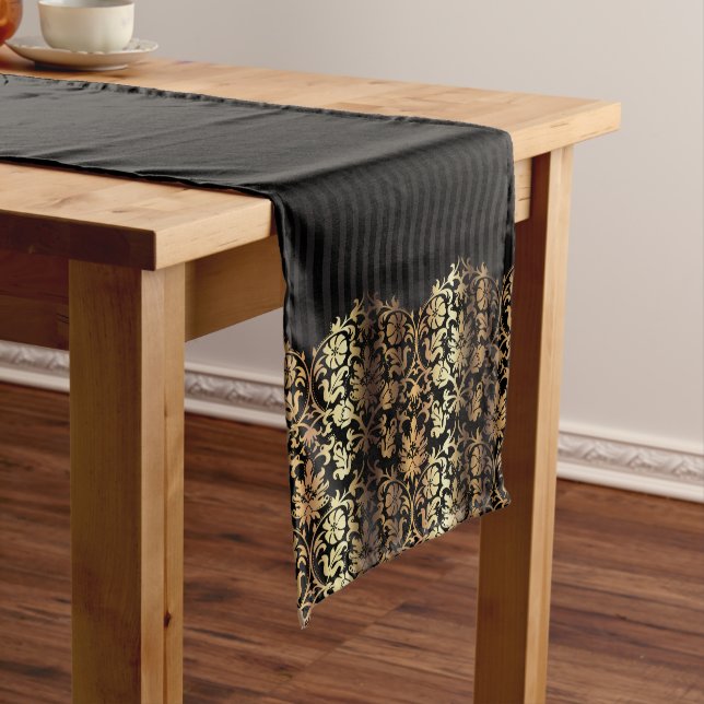 Black and Metallic Gold Damask Design Short Table Runner (In Situ)