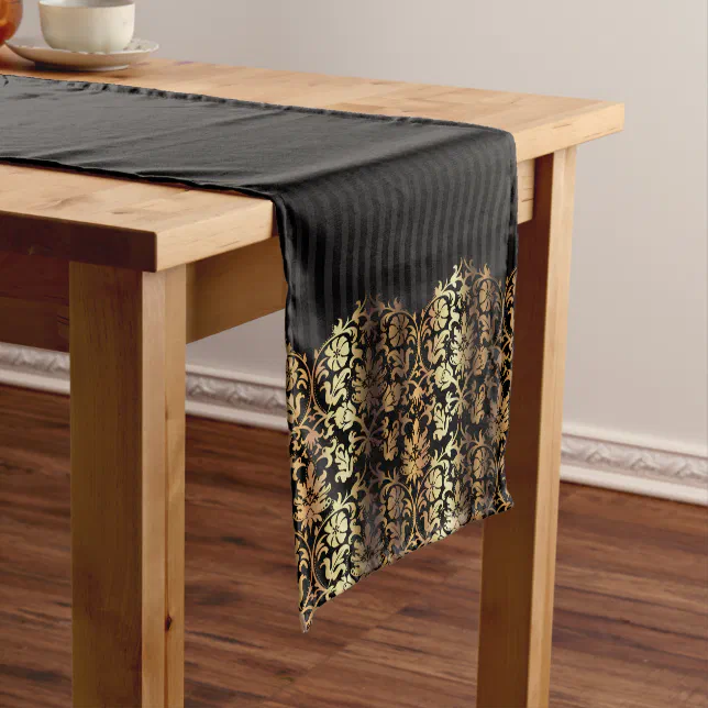 Black and Metallic Gold Damask Design Short Table Runner | Zazzle