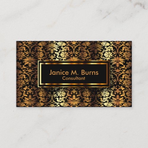 Black and Metallic Gold Floral Damask Business Card