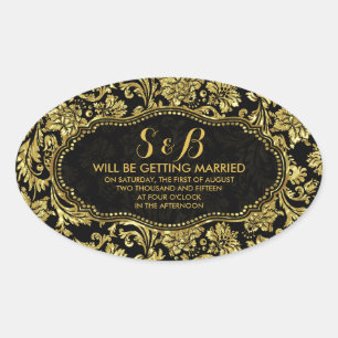 Black And Metallic Gold Floral Damasks 3a Pattern Oval Sticker