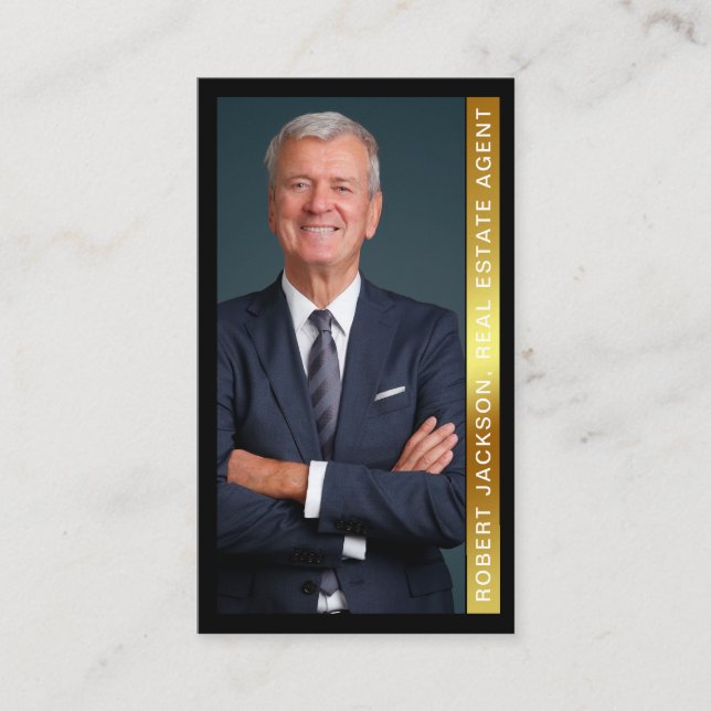 Black and Metallic Gold Realtor Photo Design  Business Card (Front)