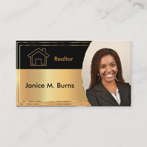 Black and Metallic Gold Realtor Photo Design Business Card