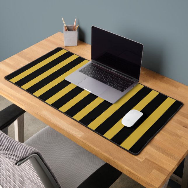 Black and Metallic Gold Vertical Striped Stylish Desk Mat (Office 2)