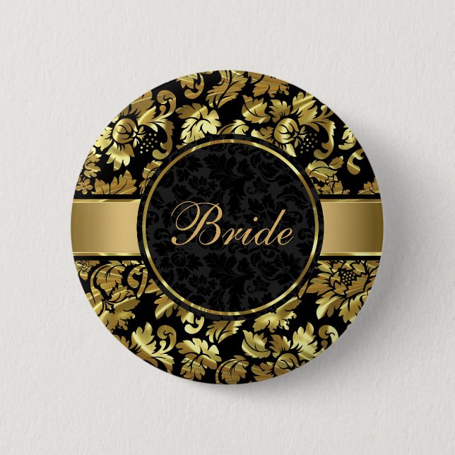 Black And Metallic Gold Vintage Damasks Button (Front)