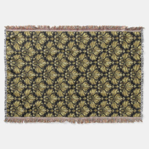 Black And Metallic Gold Vintage Floral Damasks 5 Throw Blanket