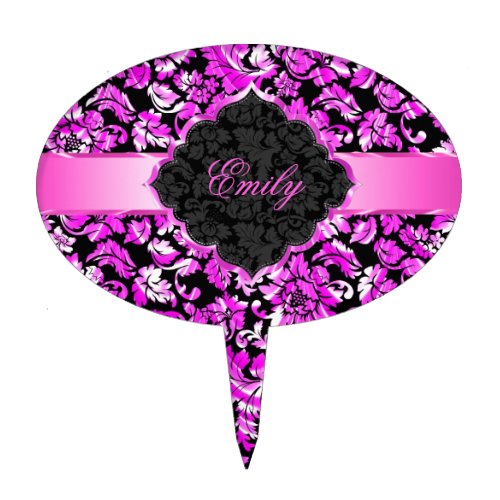 Black And Metallic Pink Vintage Floral Damasks Cake Topper