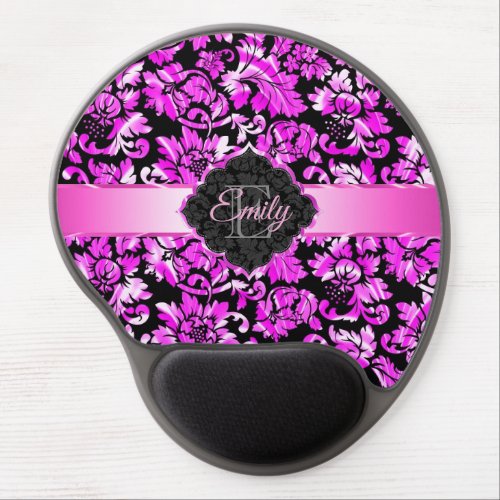Black And Metallic Pink Vintage Floral Damasks Gel Mouse Pad
