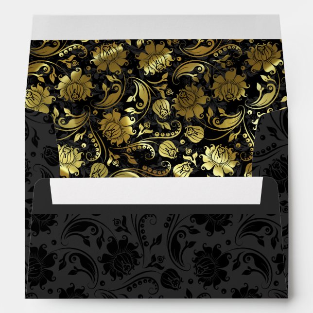Black And Metallic Shiny Gold Floral Damasks Envelope (Back (Bottom))