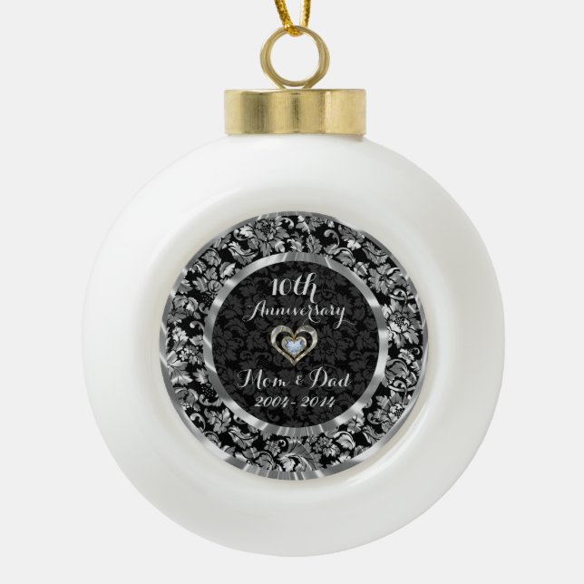 Black And Metallic Silver 10th Wedding Anniversary Ceramic Ball Christmas Ornament (Front)