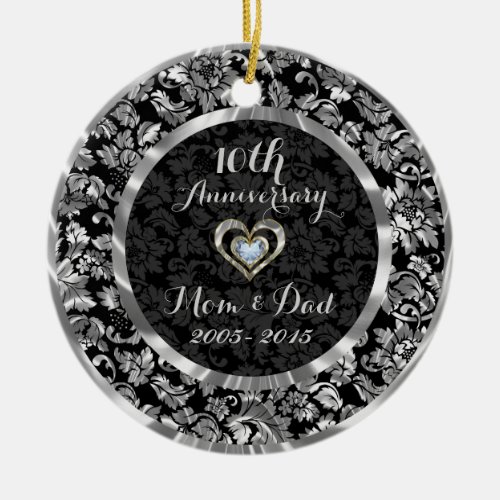 Black And Metallic Silver 10th Wedding Anniversary Ceramic Ornament
