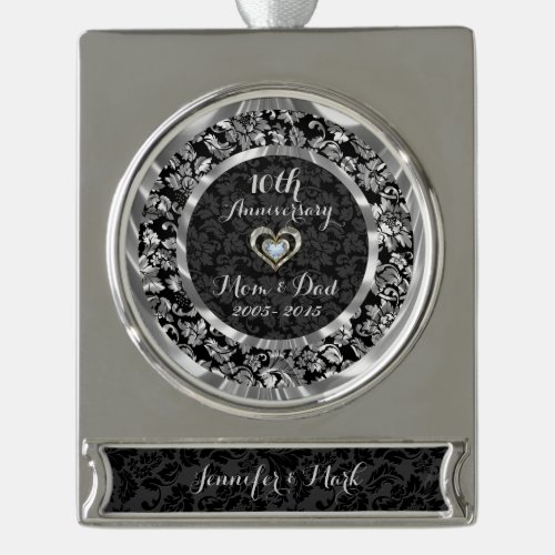 Black And Metallic Silver 10th Wedding Anniversary Silver Plated Banner Ornament