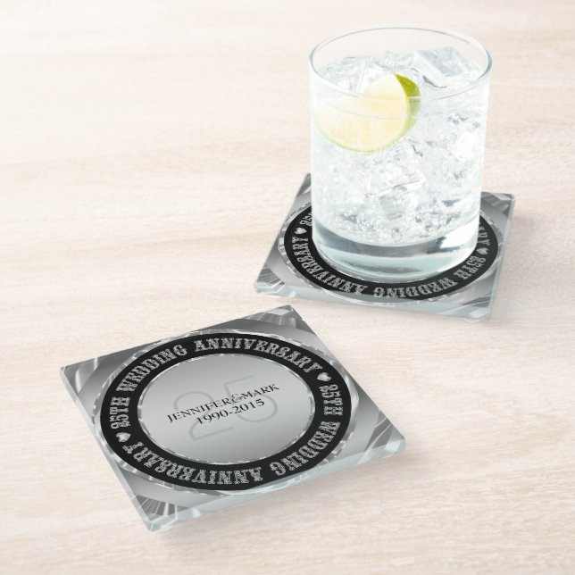 Black And Metallic Silver. 25th Anniversary 2 Glass Coaster (Angled)