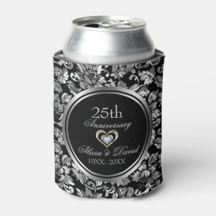 Black And Metallic Silver 25th Wedding Anniversary Can Cooler