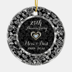 Black And Metallic Silver 25th Wedding Anniversary Ceramic Ornament