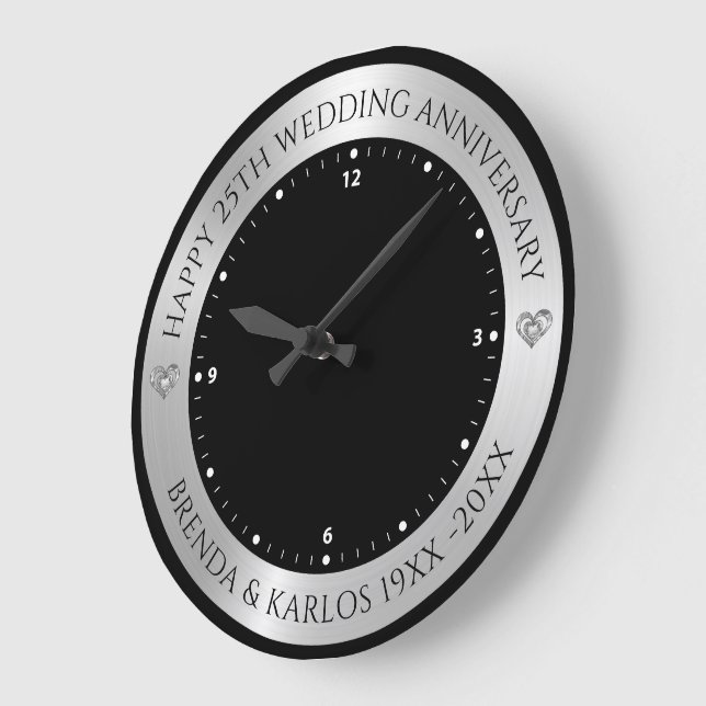 Black and metallic silver 25th wedding Anniversary Large Clock (Angle)