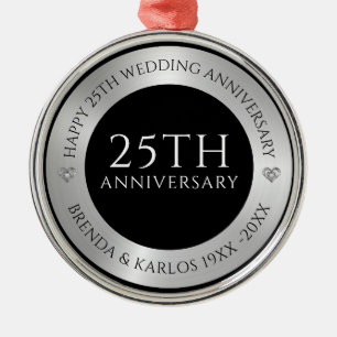 Black and metallic silver 25th wedding Anniversary Metal Ornament