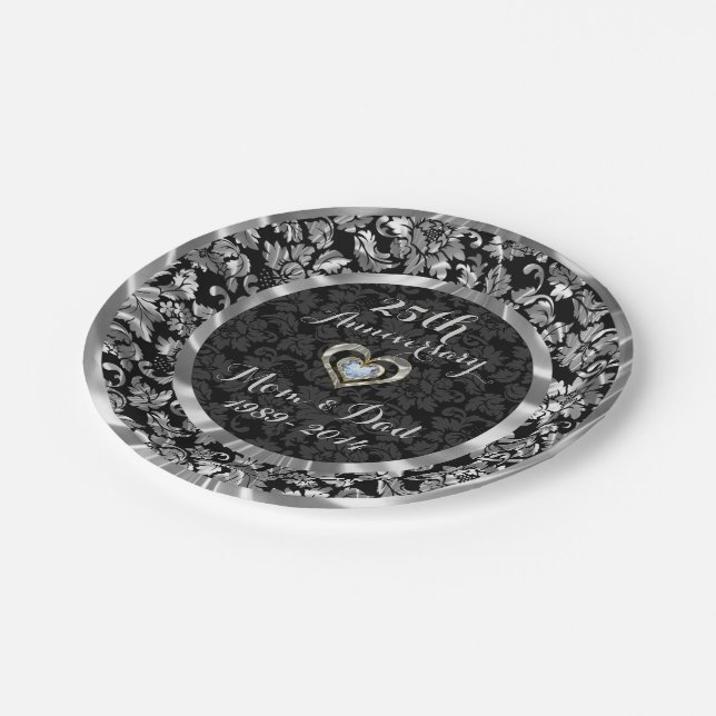 Black And Metallic Silver 25th Wedding Anniversary Paper Plates (Angled)