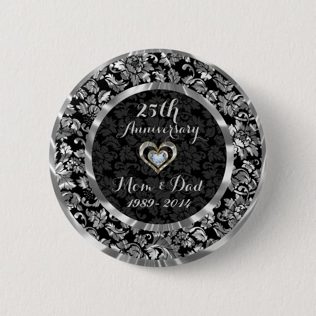 Black And Metallic Silver 25th Wedding Anniversary Pinback Button (Front)