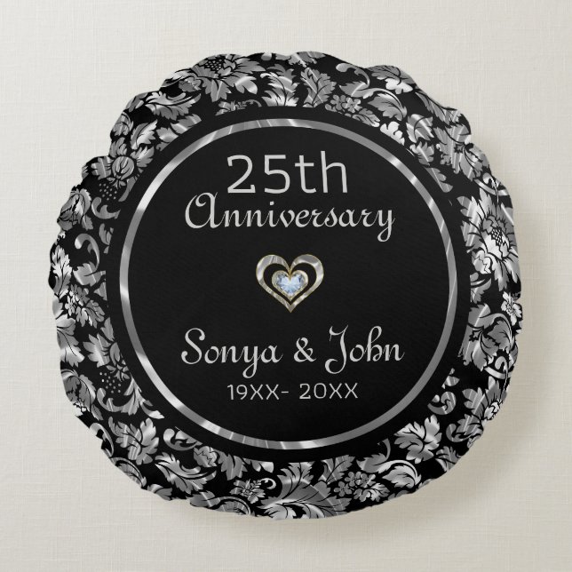 Black And Metallic Silver 25th Wedding Anniversary Round Pillow (Front)