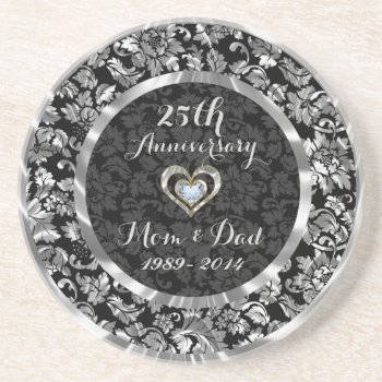 Black And Metallic Silver 25th Wedding Anniversary Sandstone Coaster by gogaonzazzle at Zazzle