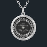 Black And Metallic Silver 25th Wedding Anniversary Silver Plated Necklace<br><div class="desc">Elegant black and metallic silver gray vintage floral damasks.</div>