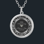 Black And Metallic Silver 25th Wedding Anniversary Silver Plated Necklace<br><div class="desc">Elegant black and metallic silver gray vintage floral damasks.</div>