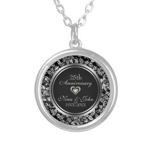 Black And Metallic Silver 25th Wedding Anniversary Silver Plated Necklace