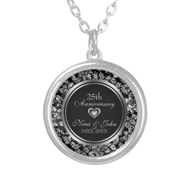 Black And Metallic Silver 25th Wedding Anniversary Silver Plated Necklace (Front)