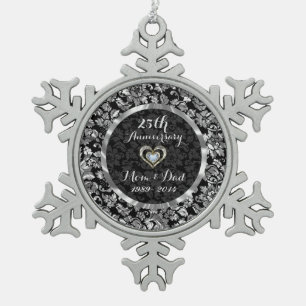 Black And Metallic Silver 25th Wedding Anniversary Snowflake Pewter Christmas Ornament